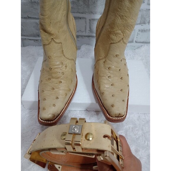 MEXICAN WOMEN'S HEELED ANKLE BOOTS & BELT Beige/Tan Color OSTRICH - Picture 5 of 16